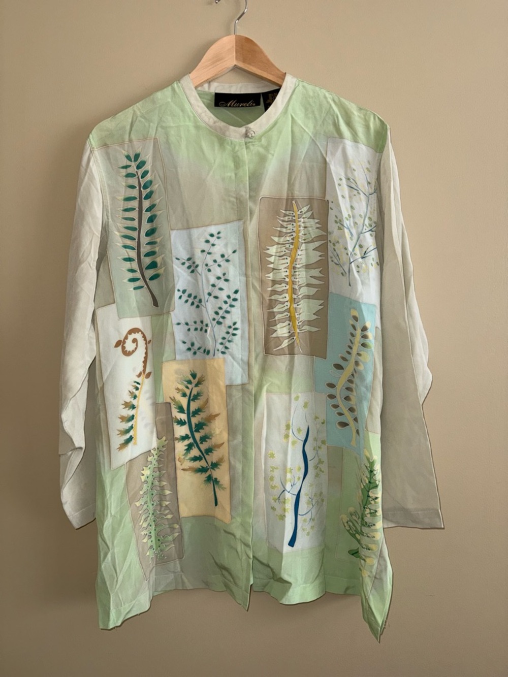 Mureli Silk Botanical Design Button Long Sleeve Tunic Top Sz XL Green Quiet Luxe